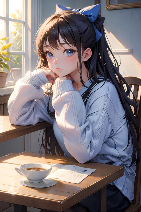 masterpiece, best quality,Reina, 1girl, solo, long hair, window, sitting, indoors, table, sleeves past wrists, cafe, hair bow, h...