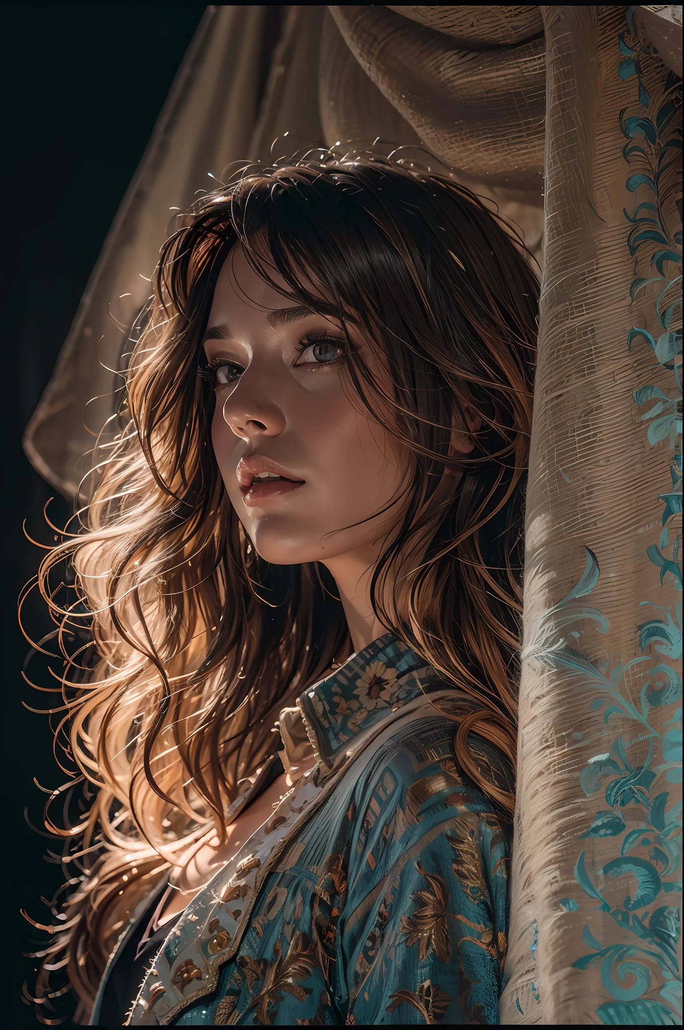 (front focus), (in the dark:1.6), Hyperrealist portrait of female by david hockney and alphonse mucha, fantasy art, photo realistic, dynamic lighting, artstation, poster, dynamic natural lighting, very detailed faces, 4 k, award winning, 1girl, in the light, deep shadow and crisp highlights, low key, cowboy shot, (official clothing:1.4), long hair, white hair