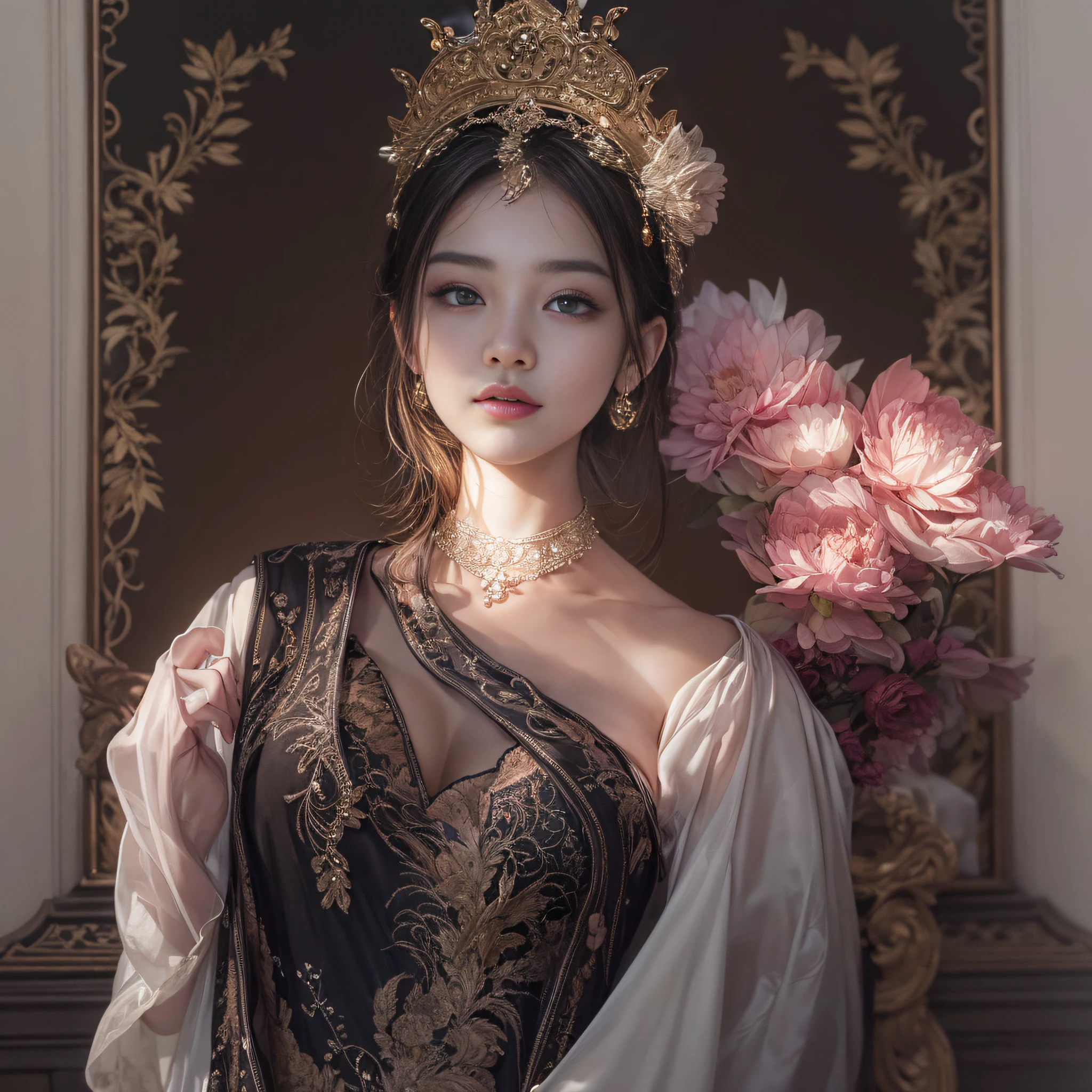 best qualtiy， tmasterpiece， A high resolution， 1girll，Chinese wedding dress，hair adornments，choker necklace，jewely，beauitful face，after sexing_Body，Tyndall effect，realisticlying，Dark Studio，edge lit，twotonelighting，（highdetailskin：1.2），8K high-definition，gentle illumination，high high quality，Volumetriclighting，Frankness，photore，A high resolution，Bokeh