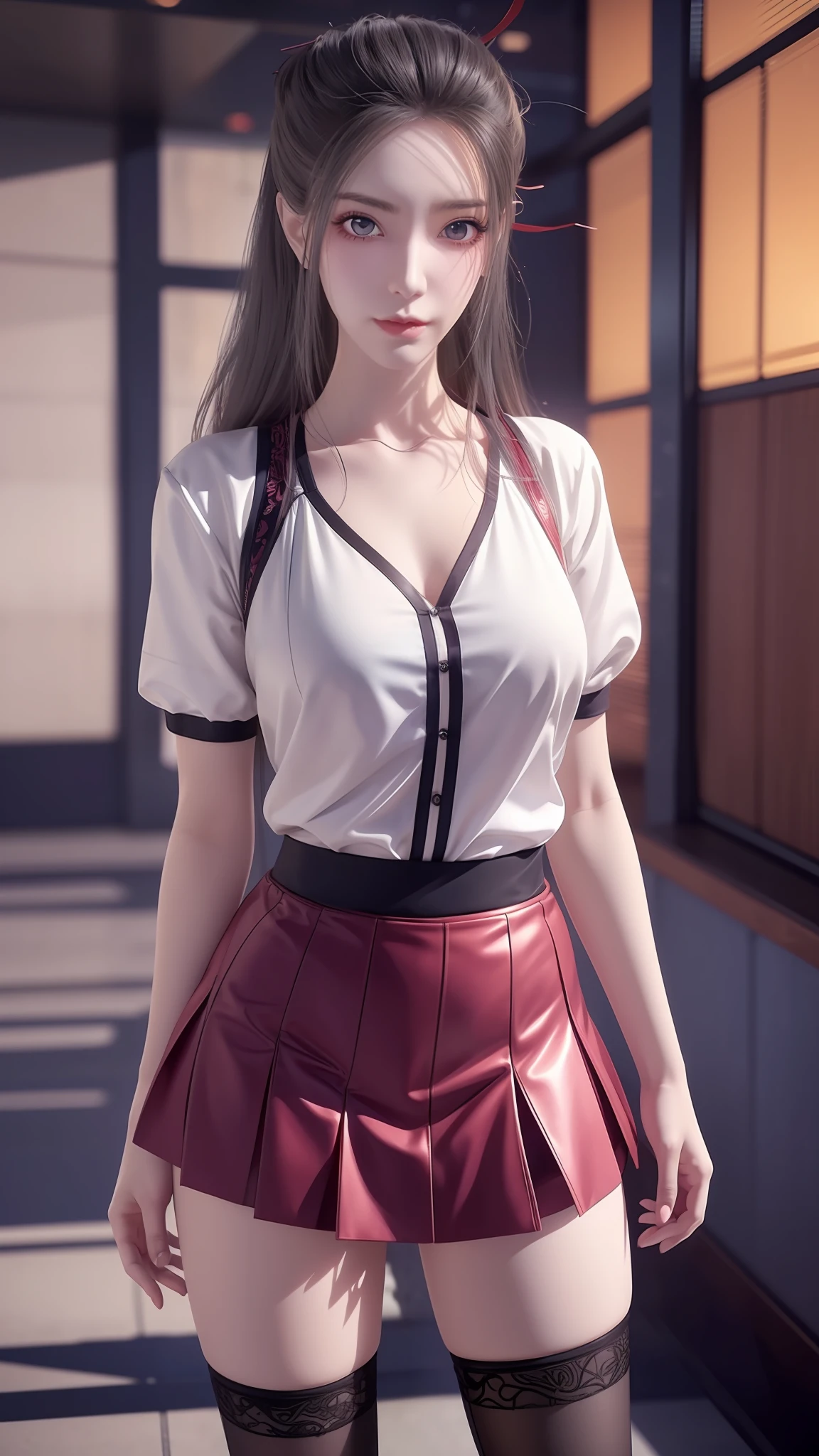 anime - style image of a woman in a short skirt and shirt, seductive anime girls, Smooth anime CG art, Surrealism female students, Surrealism female students, thighhighs and skirt, photorealistic anime girl rendering, beautiful and seductive anime woman, Realistic schoolgirl, Realistic anime 3 D style, 3 d anime realistic, Beautiful Anime High School Girls