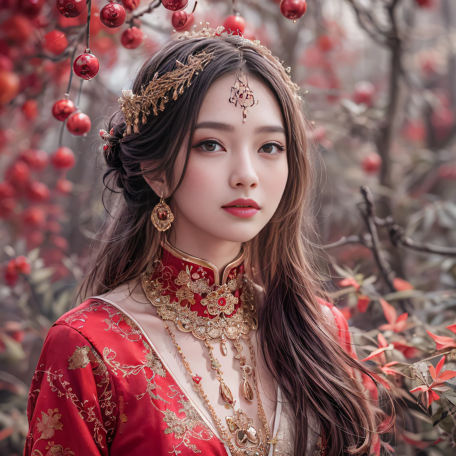 best qualtiy， tmasterpiece， A high resolution， 1girll，Chinese wedding dress，hair adornments，choker necklace，jewely，beauitful face，after sexing_Body，Tyndall effect，realisticlying，Red festive room edge lighting，twotonelighting，（highdetailskin：1.2），8K high-definition，gentle illumination，high high quality，Volumetriclighting，Frankness，photore，A high resolution，Bokeh