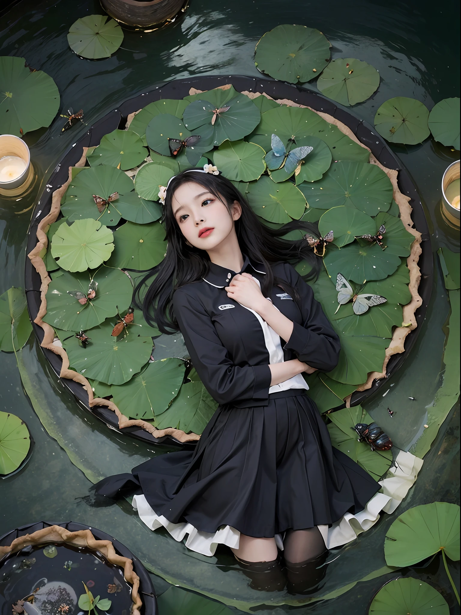 1girl in,lightsmile,(A lot of insects:1.7),(Black uniform),(Absurd insect pond),(lilypads),(The lotus flowers:1.3),(butterfly:1.4), (paper fan), (Floating leaves and caterpillars),(Wind), (Lying), (Black water:1.1),(Moonlight:1.3),(Absurd atmosphere:1.4), (Wide Shot),(From  above),(Black theme:1.2), She is lying in the center of the lotus pond,  ((top-quality、9 head and bod、masuter pie:1.3))、1、sideshot:1.2、Beautiful Japan woman with slender abs:1.3、cabelos preto e longos、Lots of bangs、(small tits:1.2)、(Lying in a black uniform:1.5)、Perfectly matched with the surrounding landscape.   beautiful night, Moonlight reflected in the water, Creating a calm atmosphere.   From  above, Viewers can see the lily pads and lotus flowers surrounding her, There is a mysterious light in the water、illuminate insects moving gracefully around her,,,,.   Lots of blue caterpillars are dancing around the girl, Green theme dominates the scene, In emerald and jade shades that emphasize the natural beauty of the pond.   The rippling water and moonlight add to the quiet mood, It will be the perfect spot for relaxation and reflection.