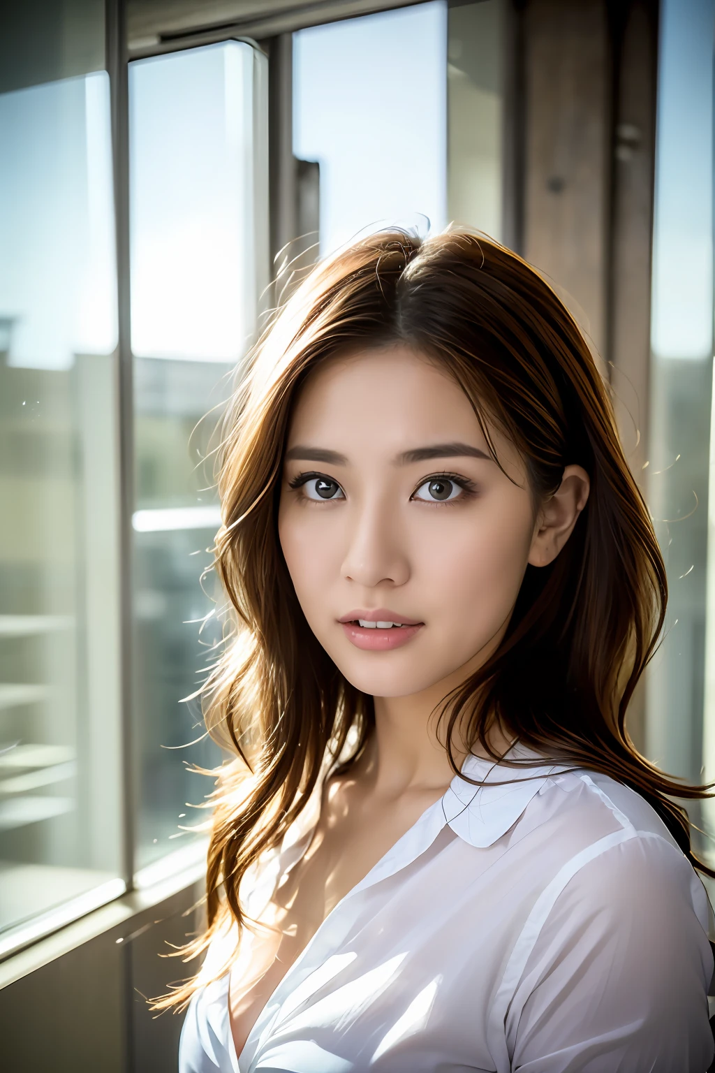 - [ ] photorealistic:1.37, masterpiece, best quality, raw photo, absurdres, uhd, 1girl, wavy hair, brown hair, seductive , looking at viewer, in the large meeting room of the office in the high tower office building in  Tokyo ,Tokyo tower,intricate detail, detailed background, detailed skin, pore, highres, hdr , presentation to ten men , beautiful model, soft light to the face,JP_MODELS,white shirts uniform , midium breasts, a 30 yo woman