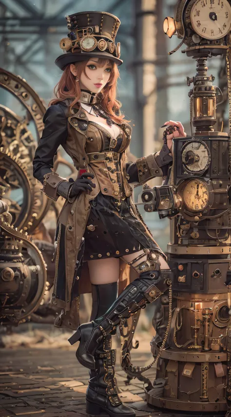 Woman in steampunk costume taking pictures, wearing steampunk attire, steampunk fantasy style, (Steampunk), ( Steampunk ), a ste...