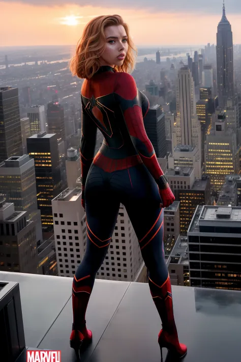 Scarlett Johansson, beauty, Spider-Man tights, full body shot, prominent figure, standing on the edge of a skyscraper, photo (Masterpiece) (Best quality) (detail) (8K) (HD) (Wallpaper) (Cinematic lighting) (Sharp Focus) (Intricate)