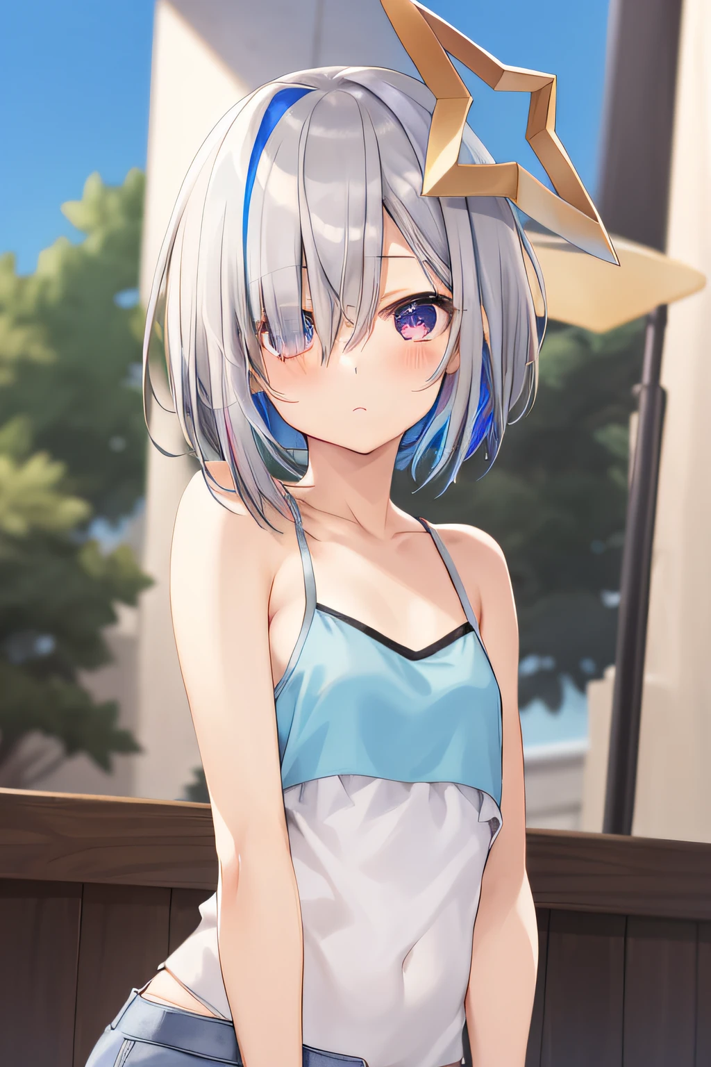 2D,​masterpiece, top-quality,1girl in,Star Halo, Solo, Halo, multicolored hair, Asymmetrical hair, single hair intake, Purple eyes, Short hair, Blue hair, Grey Hair, bob cuts, striated hair, Bangs, Hair over one eye,blush,tank top bikini,Pool,flat chest