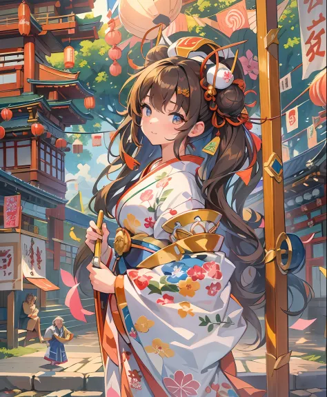 (​masterpiece、top-quality、ultra-detailliert、Best Shadows)、((Ōmikoshi))、细致背景、hight resolution、ultra-detailliert、((Festival of Japan))、(girl1)、Beautiful bun hair、kawaii、Sweat flies、((Mikoshi)),Summer Festivals、Detailed hand、perfect hand、intricate detailes、sh...