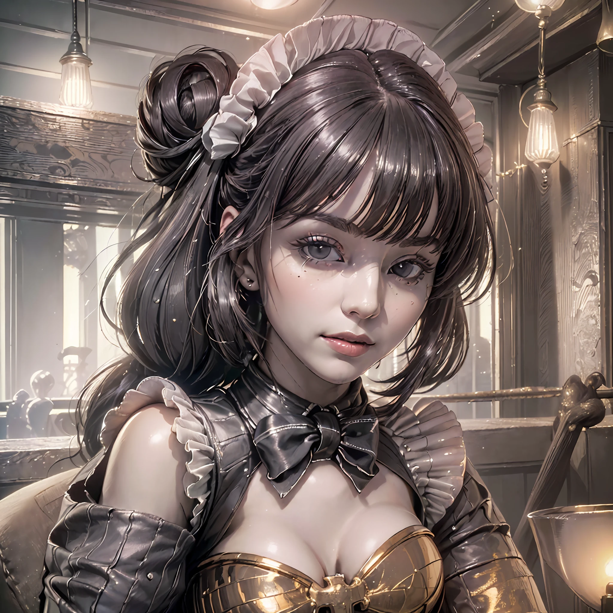 (64k, RAW photo, highres, best quality, masterpiece:2.0), (ultra-fine depiction of the detail:2.0), (realistic, beautiful, photo-realistic:1.3), 1girl, (Narberal Gamma), long black-navy hair, (single braid bun:1.5), (shiny black hair, blue-gray eyes), (white bowtie and ribbon) (simple but high-quality maid dress), (black long gloves with golden cross ornament), (solemn maid dress with gothic style coreset), (gigantic breasts), (elegant and handsome woman), (shiny skin, pink lips), (looking at the viewer:1.5), (closed mouth, a slight happy smile;1.4), (seated in a bar of nazarick, filled with solemn, mysterious atmosphere), (highly sophisticated professional HDR, with effective ambient occlusion, perfectly optimized effective front light:1.8), (perfect, natural, harmonious composition), (photo-realistic, ultra-detailed:1.5), ((portrait:1.6))