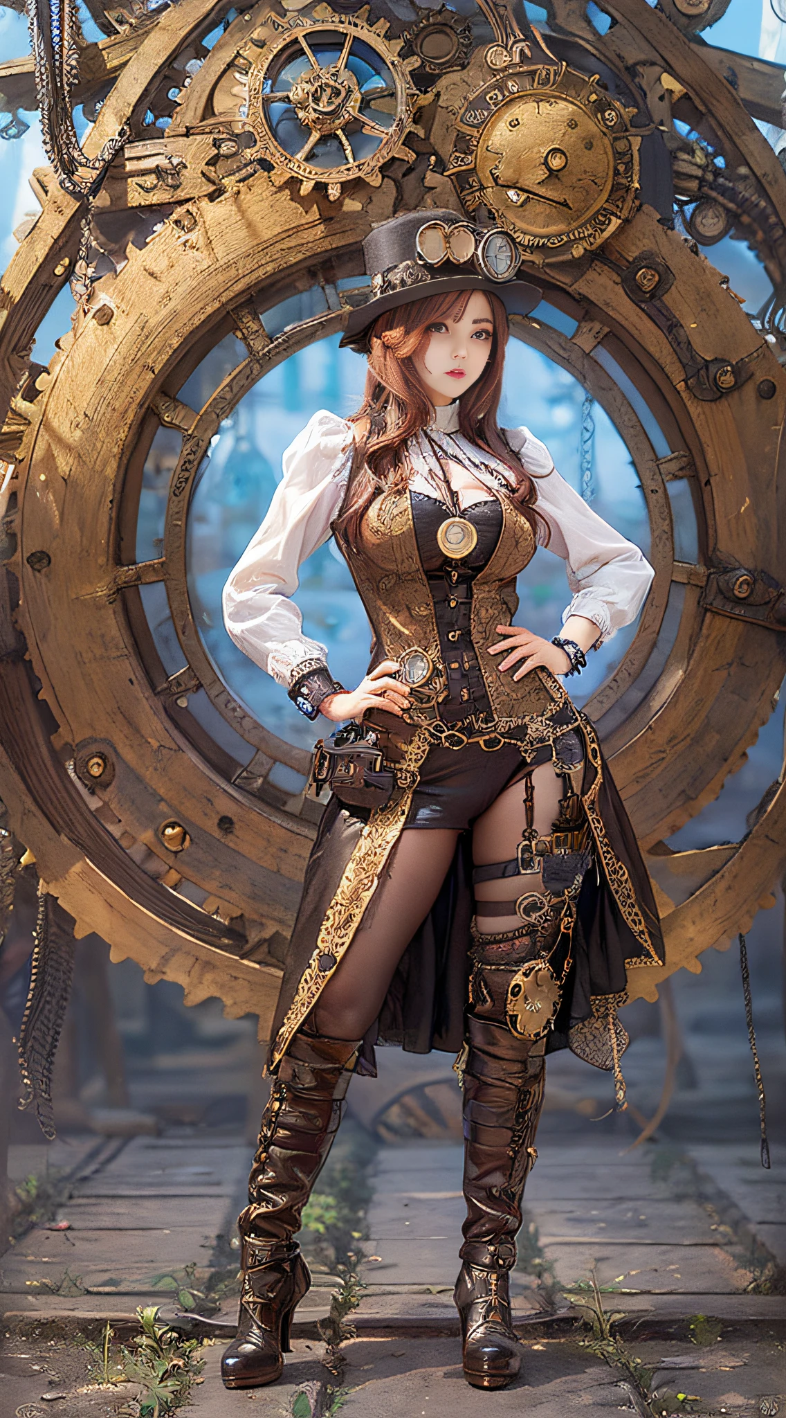 Mujer con disfraz steampunk tomando una foto, vistiendo ropa steampunk, fantasía steampunk style, (steampunk), ( steampunk ), una hermosa diosa steampunk, steampunk hermosa anime mujer, steampunk Girl, steampunk style, fantasía steampunk, steampunk, chica inventora steampunk, steampunk dorado, steampunc, steampunc, Ambientado en un mundo steampunk, Concepto vívido steampunk