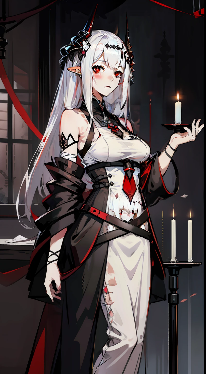 1girl, mudrock (arknights), red eyes, solo, long hair, horns, sailor uniform, serafuku, hair ornament, hair flower, candle, pointy ears, breasts, white hair, oripathy lesion (arknights), infection monitor (arknights), bangs, bare shoulders, full body, standing, mudrockdefclass, 2horns,