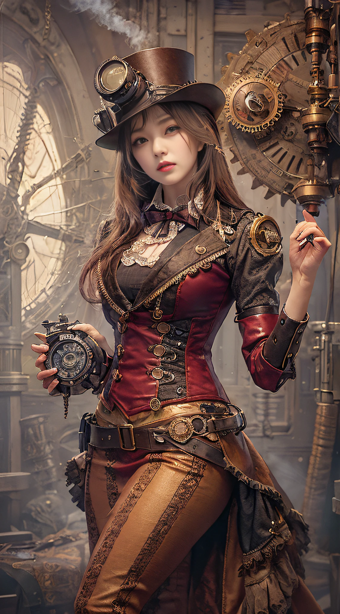 Mujer con disfraz steampunk tomando una foto, vistiendo ropa steampunk, fantasía steampunk style, (steampunk), ( steampunk ), una hermosa diosa steampunk, steampunk hermosa anime mujer, steampunk Girl, steampunk style, fantasía steampunk, steampunk, chica inventora steampunk, steampunk dorado, steampunc, steampunc, Ambientado en un mundo steampunk, Concepto vívido steampunk