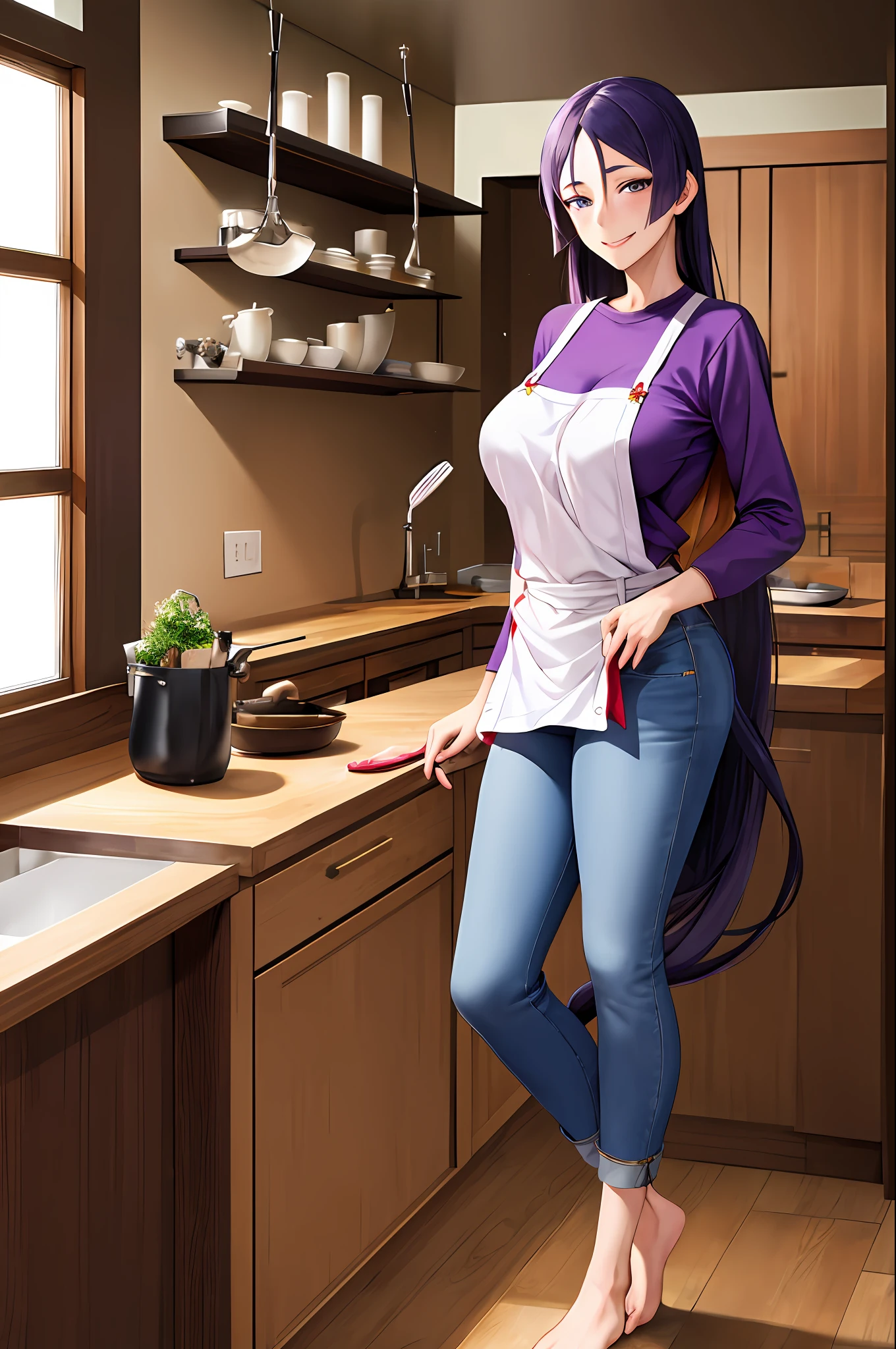 Masterpiece, Best Quality, hight resolution, HMMR1, Minamoto no Raikou (fate), jeans, long sleeve t-shirt,bare footed, full length, apron, Chef's scoop in hand, Standing, Cowboy shot, in a kitchen, Smile