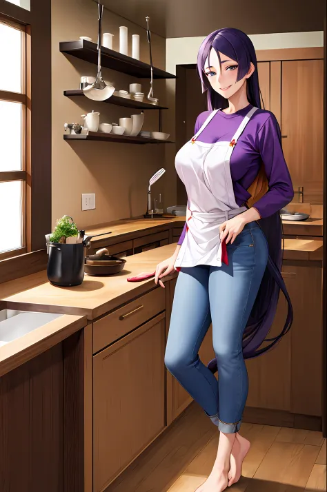 masterpiece, best quality, hight resolution, hmmr1, minamoto no raikou (fate), jeans, long sleeve t-shirt,bare footed, full leng...