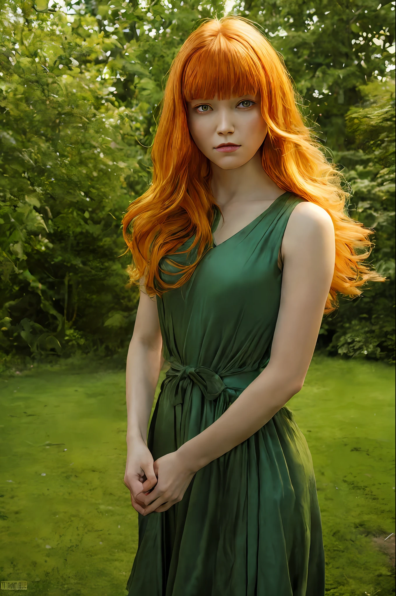 serene photo,1girl, Jedi master in deep meditation, woman with ginger hair, blunt bangs, green eyes, Absurdres, hdr, ultra detailed illustration, extremely detailed face, RAW photo, film grain, skin pores, trending on deviantart, blurry garden background, sporty dress