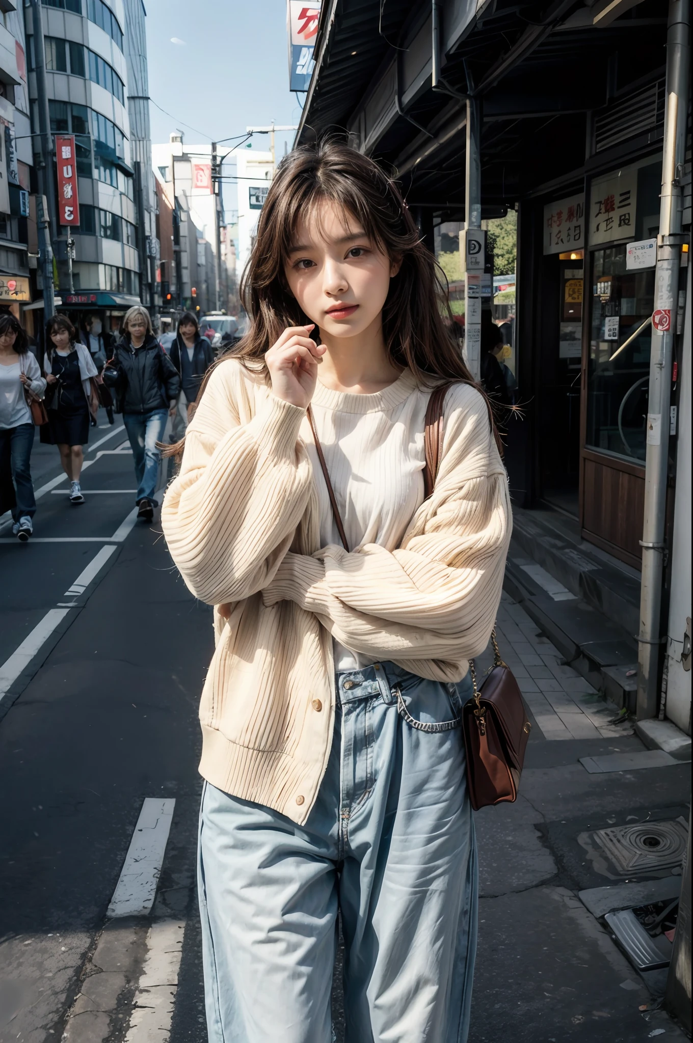 8k，RAW photogr，best qualtiy，tmasterpiece，（realisticlying，photo-realistic：1.37），（Look at the audience:1.331），posing on a，street Tokyo，one-girl，moyou