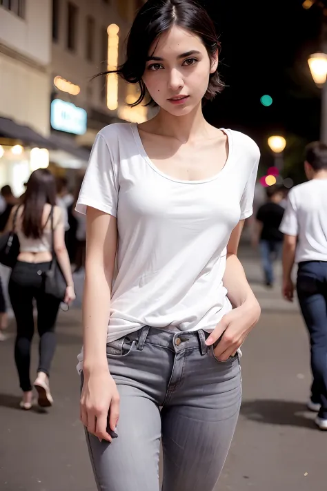 (Solo middle eastern 26 years old girl), wearing a (white baggy plain tee-shirt, round neck long length tee-shirt, skinny dark g...