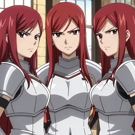 (3girls, trio, triplets, clones), erza scarlet, fairy tail, red hair, brown eyes, long hair, looking at viewer, serious, close-up, closed mouth, sidelocks, armor, upper body,