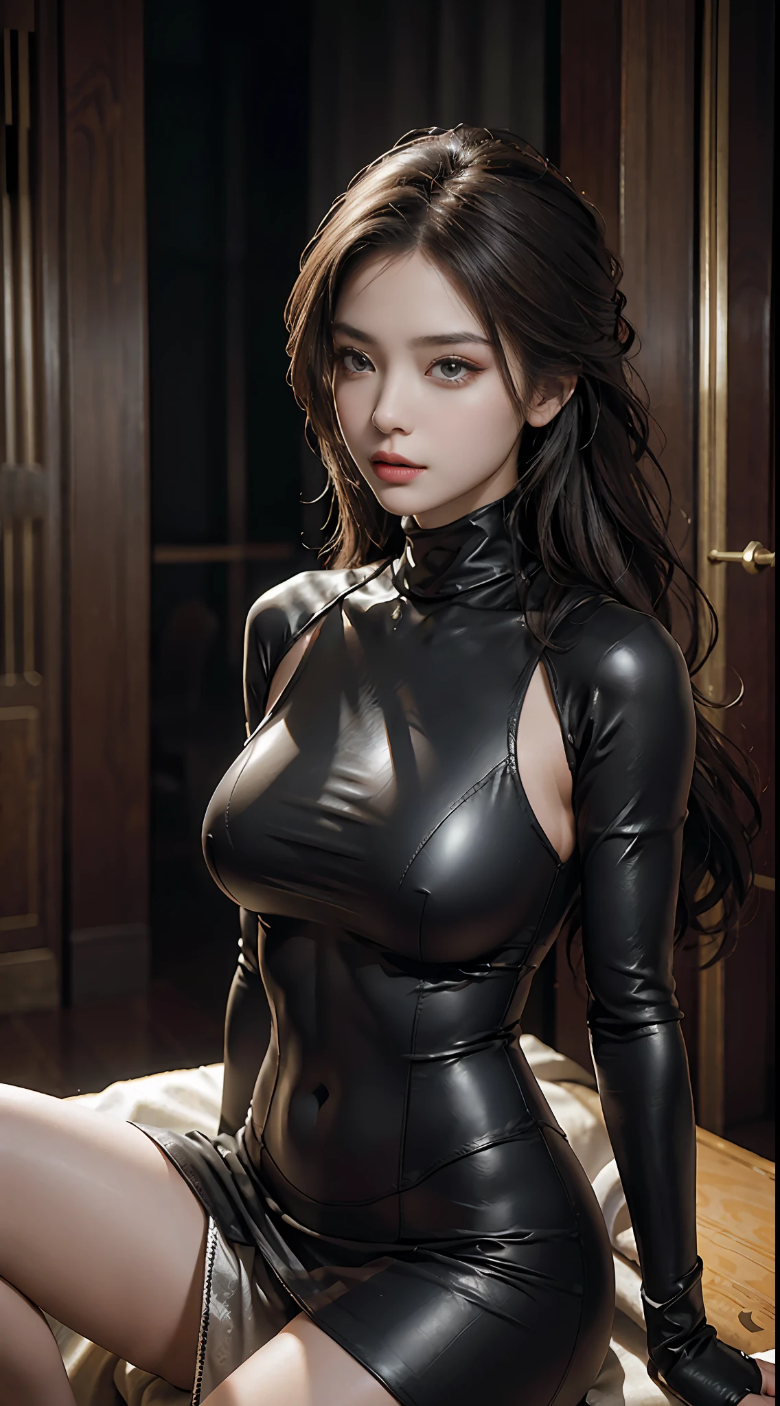 RAW， tmasterpiece， ultra fine photos，， best qualtiy， 超高分辨率， realisticlying， rays of sunshine， full-body portraits， stunningly beautiful， ， dynamicposes， delicated face， vibrant eyes， （the sideview） ， She wears a futuristic Batman costume， tightsuit， turtleneck top， cropped shoulders， sitting on a leather sofa， very highly detailed background， 详细的脸， detailed tidy background， opulent， highdetailskin， Realistic details of skin， Visible Pore， Sharp focus， volume fog， 8K  UHD， digital SLR camera， high high quality， filmgrain， White skin of the， photorealisti， Lomorro， Utopian metropolis of the future， look from down， Transparent inlay in dress， short  skirt， Huge room：1.3