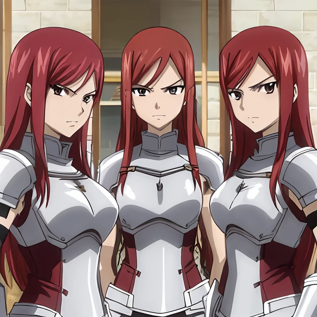 (3girls, trio, triplets, clones), erza scarlet, fairy tail, red hair, brown eyes, long hair, looking at viewer, serious, close-up, closed mouth, sidelocks, armor, full body,