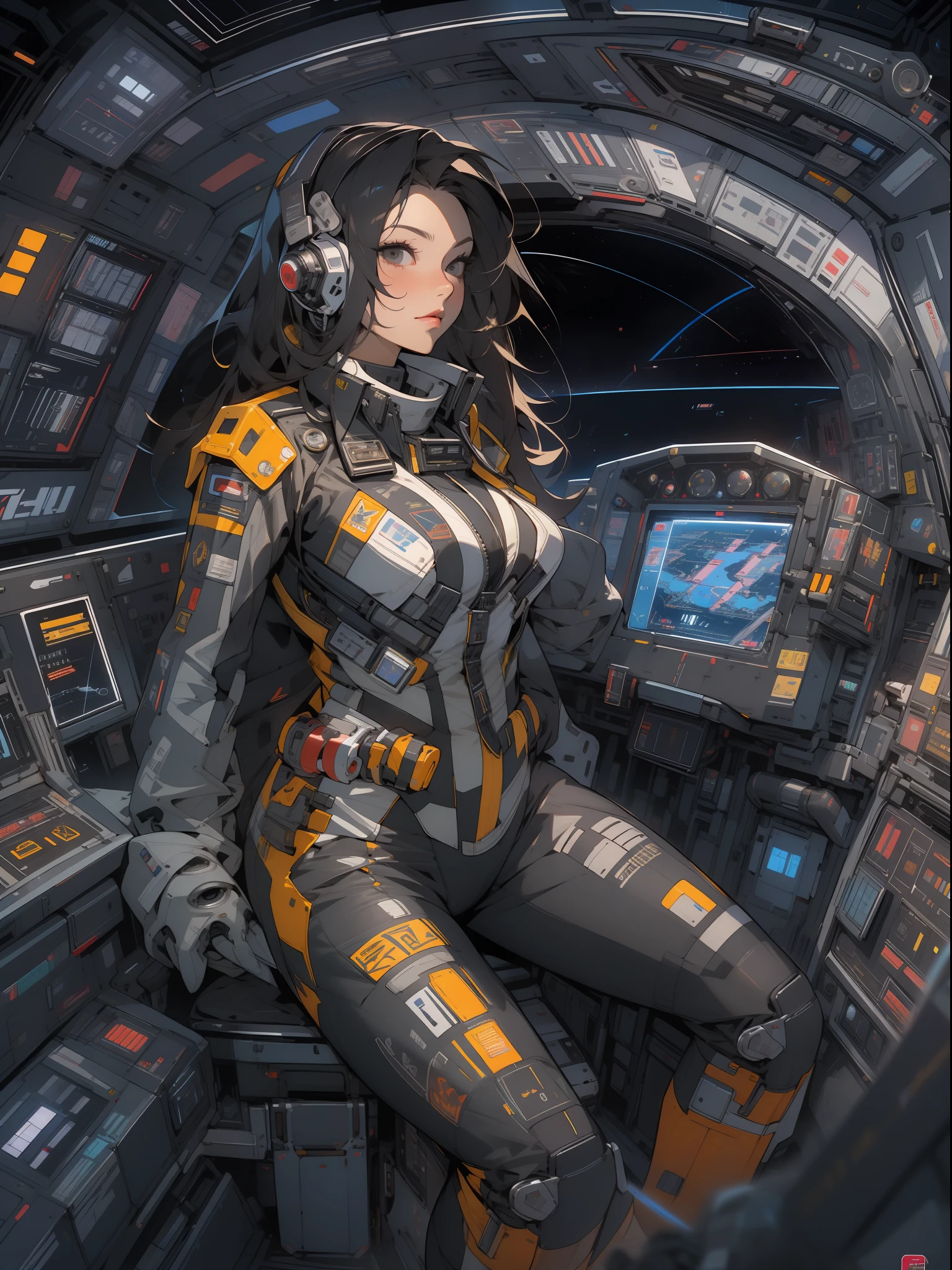 Uma piloto de caça espacial adulta dentro do cockpit de sua nave em um traje mega detalhado, sentado segurando o bastão e reunido por painéis de controle hiper detalhados com mostradores, Botões e alavancas, viseira cyberpunk, grafismos hi-tech por todo o traje, melhor qualidade, obra prima, pose sexy, corpo perfeito