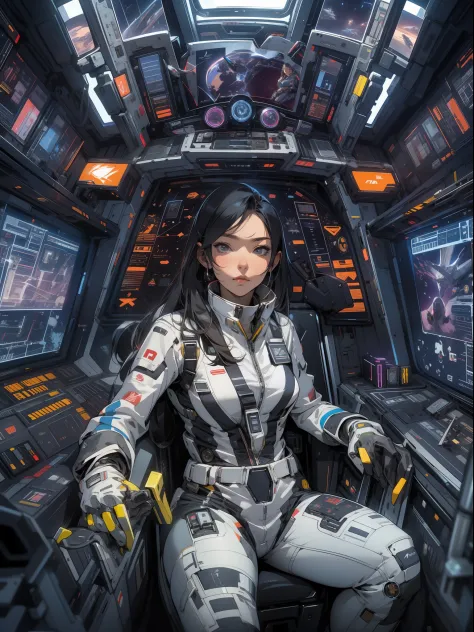 An adult female space fighter pilot inside the cockpit of her ship in a mega detailed suit, seated holding the stick and rejoine...