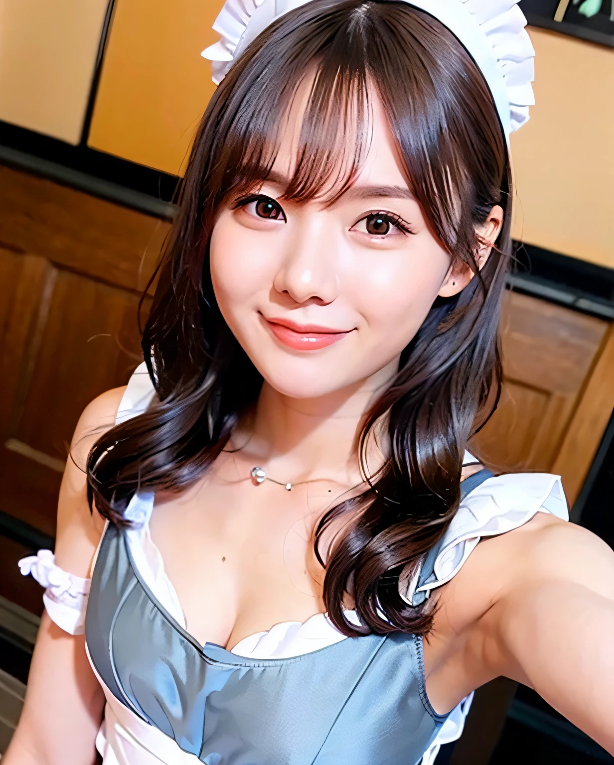 top-quality、Photorealsitic、8k、hight resolution、女の子 1 人、femele、(Dents in the skin)、(profetional lighting)、(portlate:0.6)、(maid clothes:1.897)、a gorgeous、((Brown hair))、(Medium hair:1.6) )、(Fluttering hair:1.4)、(1 Girl's camera gaze:1)、((1 Girl's camera gaze:1.6))、(1 Girl's camera gaze)、Photorealsitic、(bokeh dof)、(portlate:0.6)、(Dynamic poses:1.2)、​masterpiece、Convoluted、realisticlying、Sharp focus、awardwinning photo、SFW、(a smile:1)、Yua Mikami