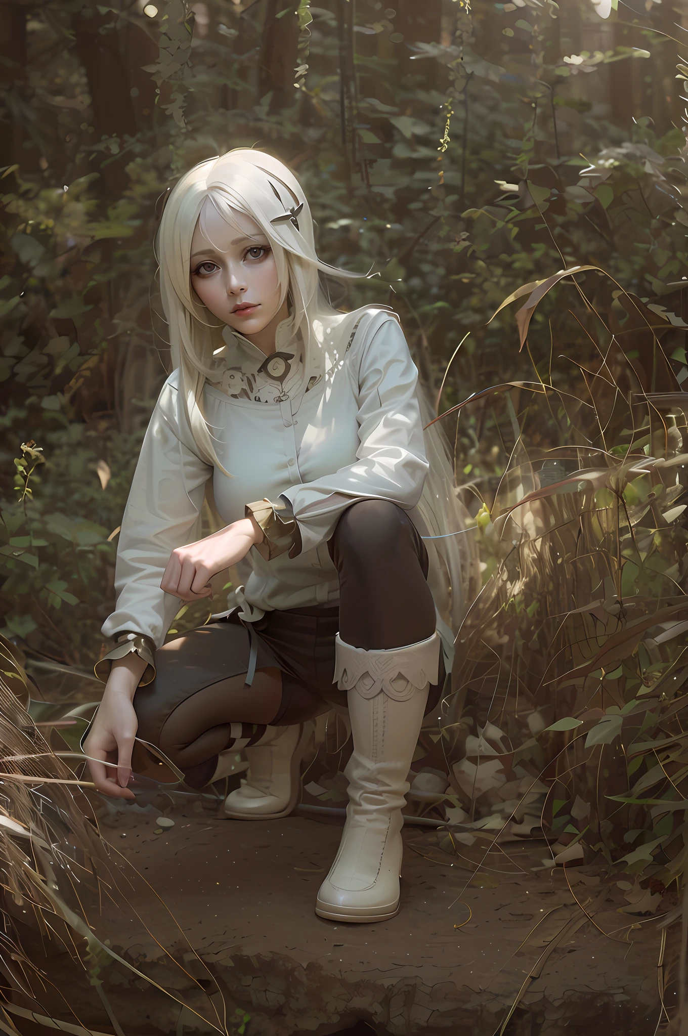 Hay una mujer arrodillada sobre una roca en el bosque, nier inspirado, nier:autómatas inspirados, nier : autómatas inspirados, cosplay chica anime, chica con pelo blanco, pelo blanco, perfect pelo blanco girl, de pelo blanco, cosplay anime, valientemente inspirado por defecto, foto de cosplay, Tifa Lockhart con el pelo blanco, nier, la chica anime está agachada