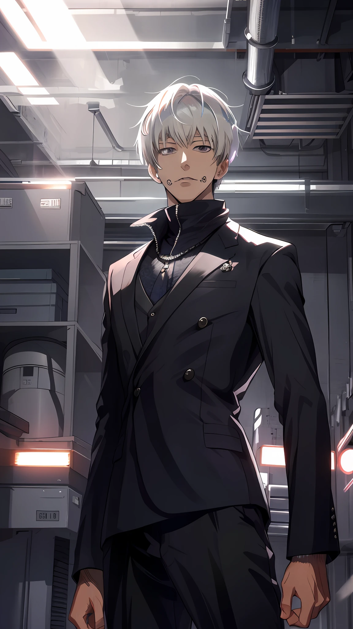 (ultra detailed, HDR), best quality, 1man, solo, handsome, short hair, inumaki toge, facial tattoo, white hair, black pants, closed mouth