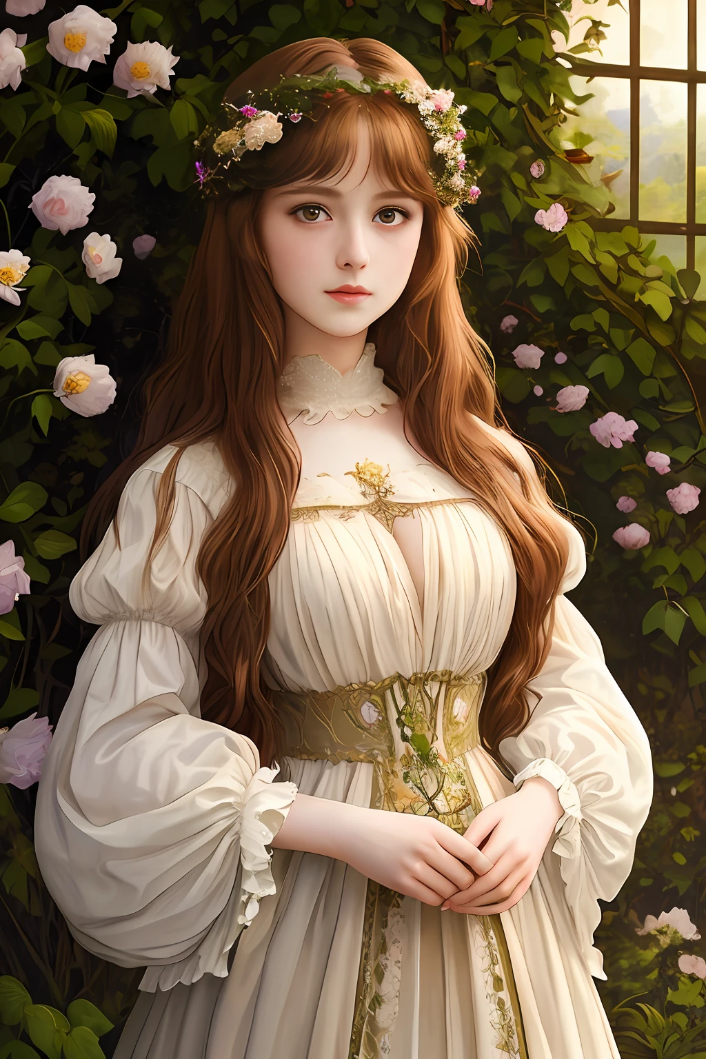 「In the Pre-Raphaelite masterpiece、Very beautiful young fantasy princess standing in flower garden、Shines with photorealistic and dreamlike effects in backlight。Her brown hair is soft and backlit、Her sheer dress offers a glimpse of cleavage。Arch completes the surreal scene。」