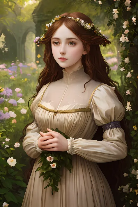 「In the Pre-Raphaelite masterpiece、Very beautiful young fantasy princess standing in flower garden、Shines with photorealistic an...