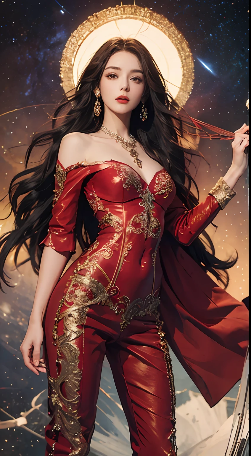 Delicate facial features, beautiful  Girl, Above is a red bandowle, Red lace pants underneath, antique dress, Handheld Strings, long hair hanging down the shoulders, floating in the universe