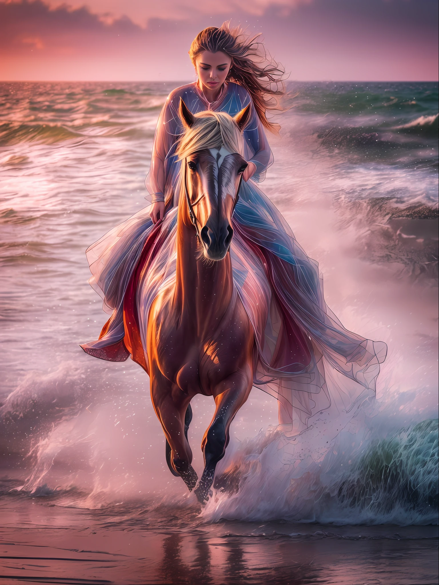 A horse runs along the seashore, waves, splatter ((((Next to her