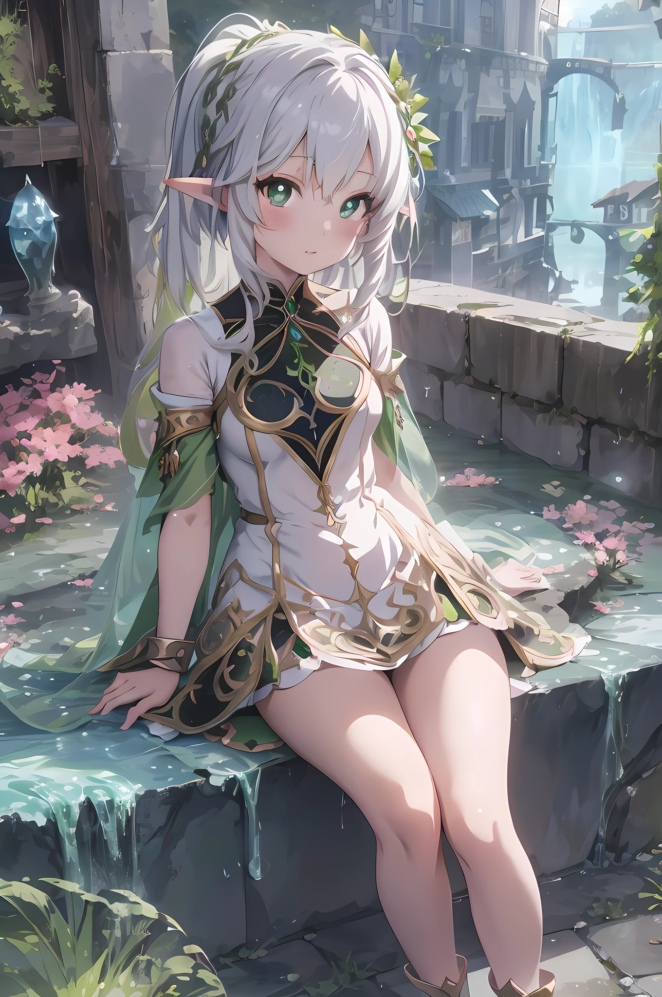 l&#39;anime, Images d&#39;une femme en robe, assis sur un banc de pierre, fille elfe, Charmante princesse elfique, lutin, waifu anime mignon dans une jolie robe, Graphiques 8k Graphiques détaillés de haute qualité, ((chef-d&#39;œuvre)), Qualité supérieure, Précision, ((((super détaillé))))