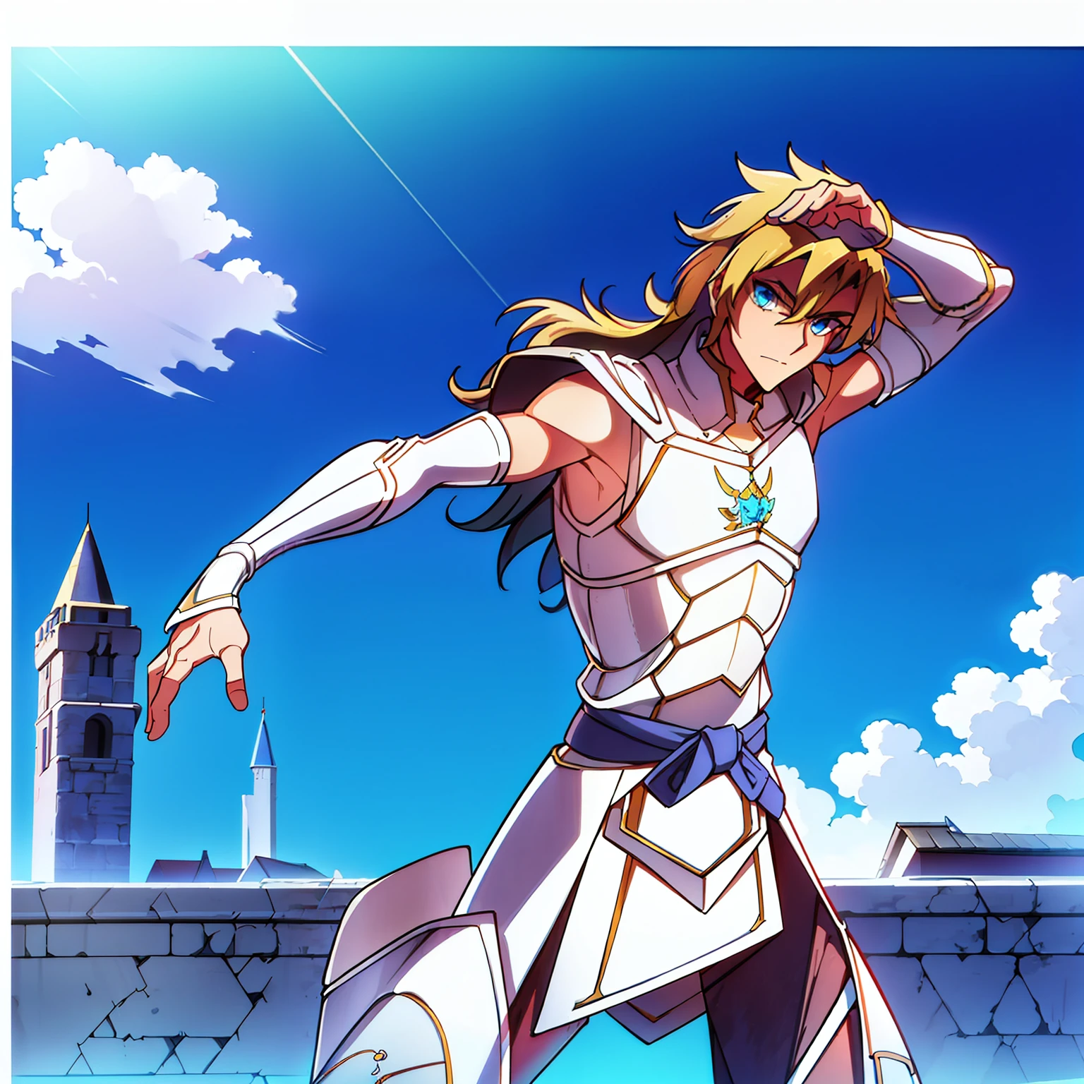 Um homem de 30 anos, com um corpo atlético, cabelos loiros médio-longos, olhos azuis, usa armadura de chapa de aço, posa heroicamente e fica do lado de fora de um castelo