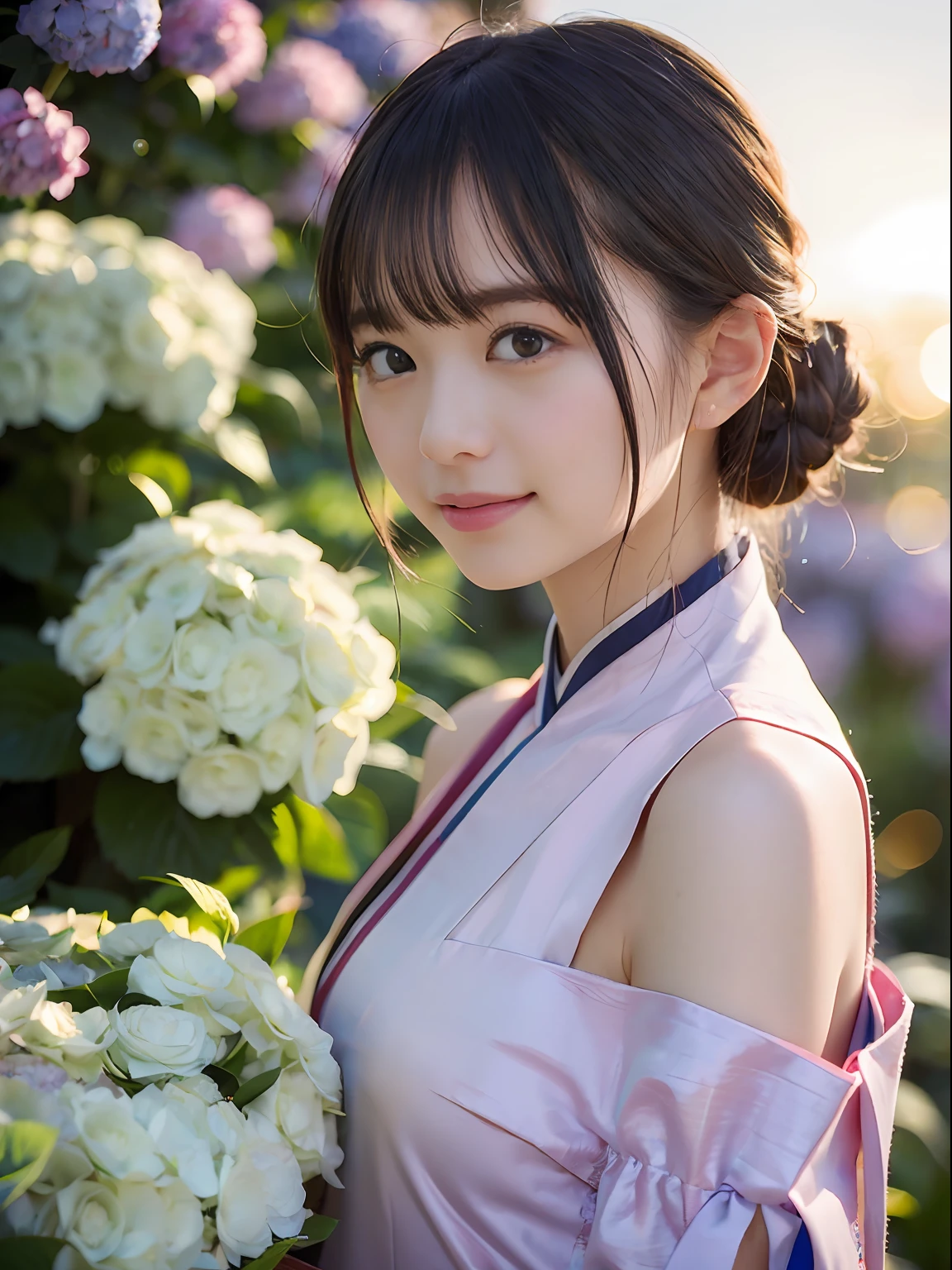 (((Full body photo)))), ((Single eyelid))),((Sunset backlight))),(Lens flare)),(Wearing china clothes)),(((Super Soft Focus)))))), smiling, (Profile))))), (Upward)), twilight, showering, Colorful hydrangea on background, surrounded by hydrangeas, ((soft sunset)), (yinchuan:1.5), masterpiece, best quality, raw photo, photorealistic, face, beautiful girl, cute, short hair, ((((depth of field)))), high resolution, ultra detail, fine detail, very detail, cinematic lighting