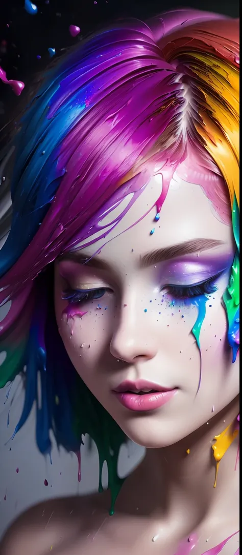 a surreal portrait of a woman with rainbow paint pouring out of her ...