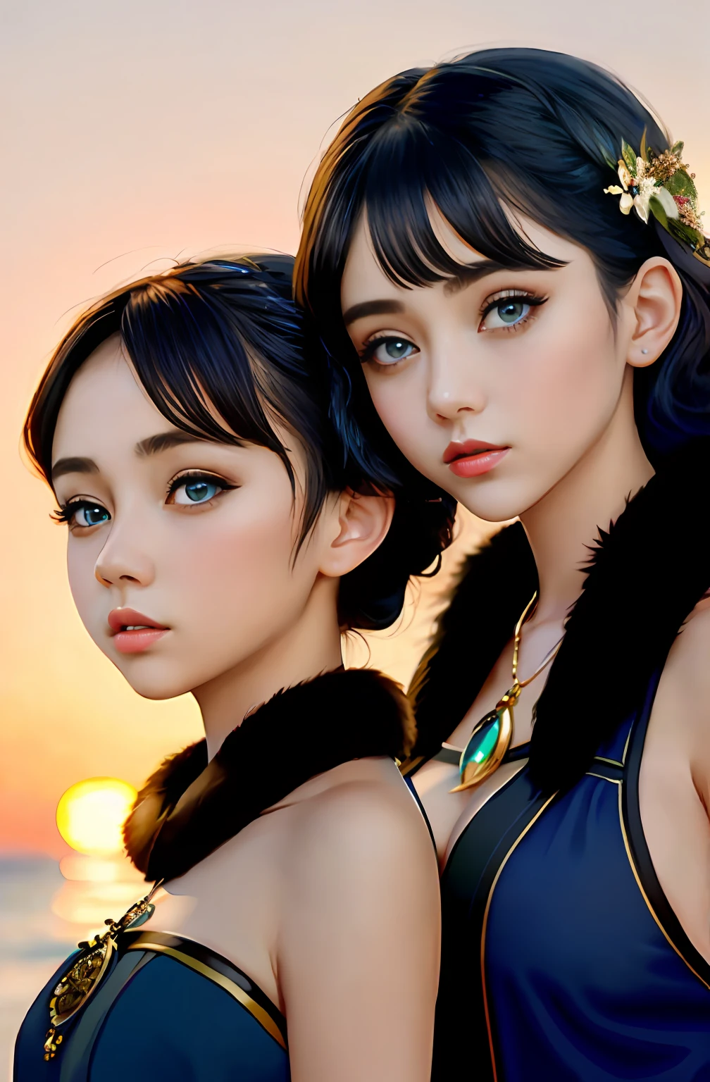 (Positive focus, Original photo),(((2girls,duo))),Portrait close-up, (Sunset: 1.1), Surrealistic Female Portraits by David Hockney and Alphonse Mucha, Fantasy art,Wear gorgeous furs, (Blue pupil: 1.4, shiny pupils: 1.4, Big eyes: 1.1), Photo fidelity, Dynamic lighting, Art Station, poster for, voluminetric lighting, Very detailed face, 4K, Award-winning, Shadows, understated, (official outfit: 1.4, Complex clothing), Looking at the camera, Bust Up Shot, (Realistic face)),