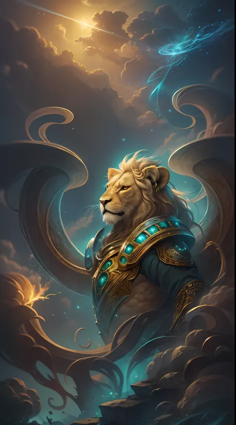((Best quality)), ((Masterpiece)), ((Realistic)), Portrait, 1 Lion，anthropomorphic turtle, Celestial, deity, Cold and handsome appearance, Light particles, Halo, view the viewer, (Bio-luminescence:0.95) 火焰，Bio-luminescence，Giant sword，with dynamism，Colorfu...