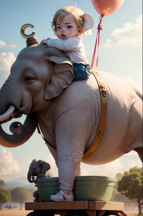 A baby enjoying a elephant ride, white magical elephant wearing ornaments, moving on sky