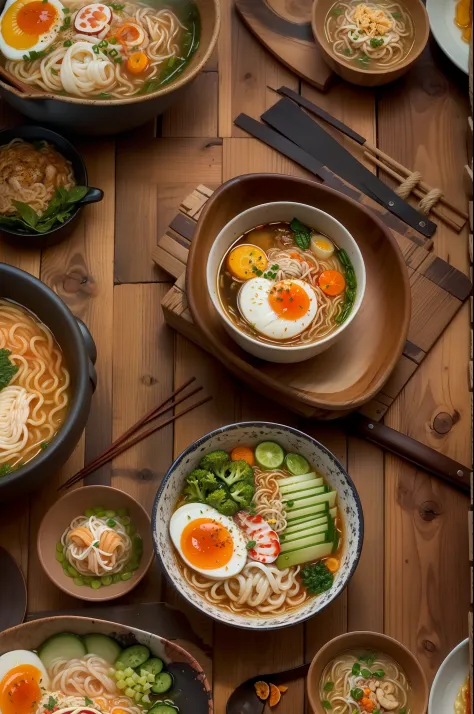 "A beautifully arranged bowl of ramen placed on a rustic wooden table, captured from a captivating side view."