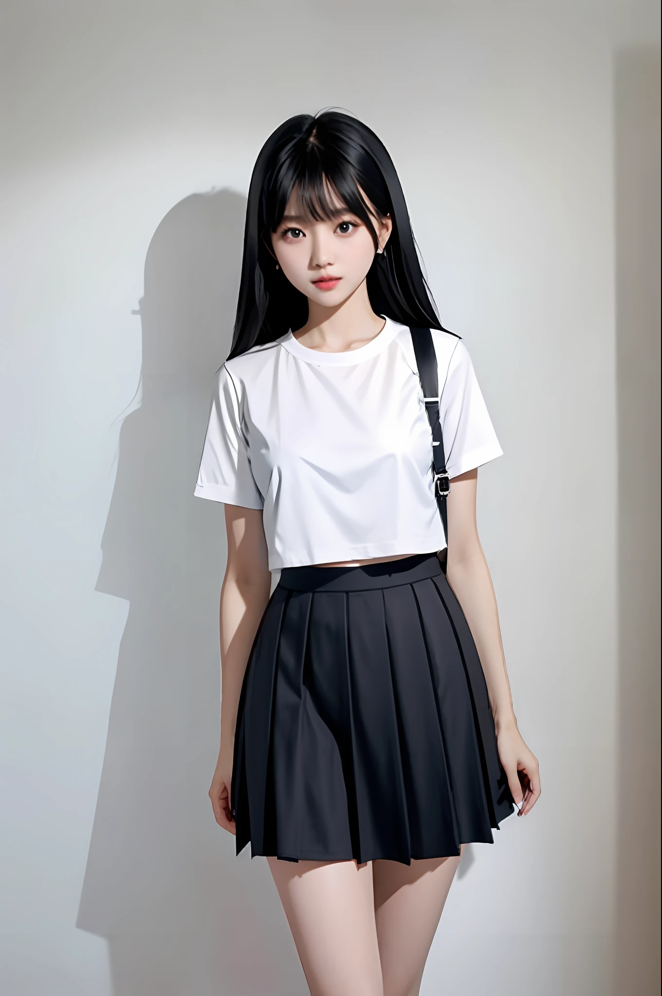 Plain white background，Pure white background positive，Plain white background，faceted，hoang lap，Original，Extremely Delicately Beautiful，beautiful detailed eyes and face，1girll，black_hair，looking_at_viewer，独奏，（tmasterpiece：1.4），（best qualtiy：1.4），White sneakers，black color hair，The eye，Very long hair，Shenzhen school uniform，White and blue pleated skirt，bluntbangs，