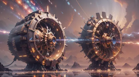 (masterpiece, high resolution, ultra realistic:1.3), mind-bending cosmic machinery, intricate interplay of gears and cogs, (glea...