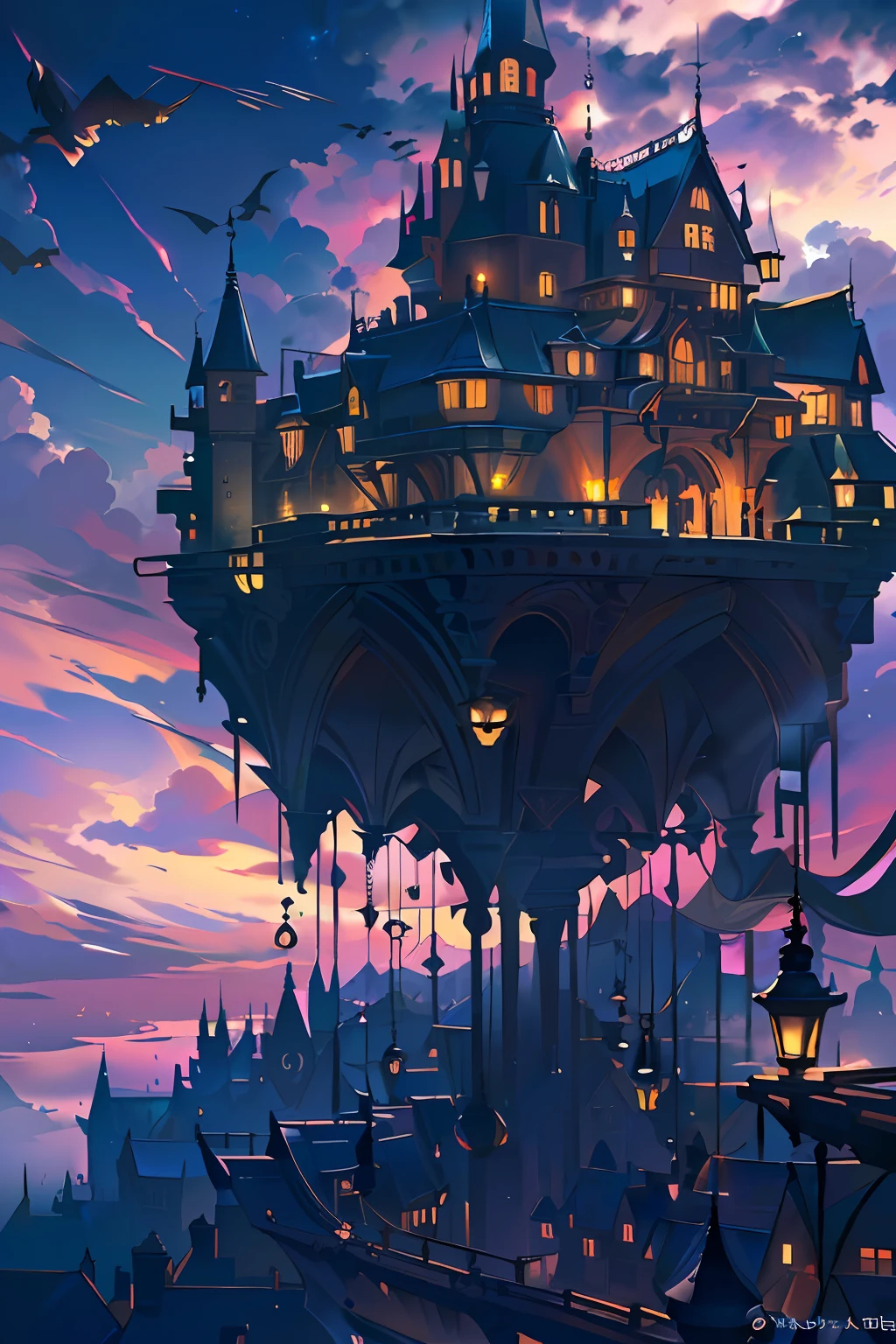 (Masterpiece:1.2, high quality), (pixiv:1.4), Volumetric Lighting, backlight, night, {{{best quality}}}, {{ultra-detailed}}, {illustration}, flying castle, scenery, solo, sky, outdoors, no humans