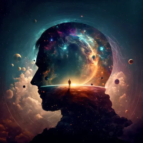 A man standing before a space full of planets, sua mente contemplando a eternidade, consciousness projection, rosto derretendo n...