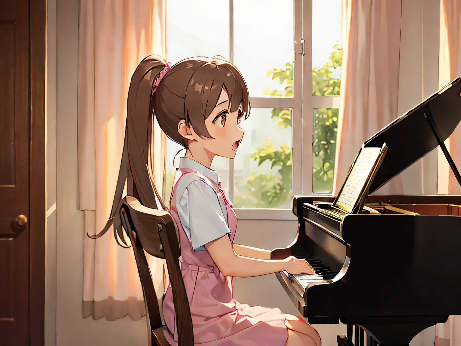 (masterpiece:1.2),
(best quality),
high quality,
high resolution,
realistic, watercolor style, high detailed,
BREAK 
girl, a 15-years-old girl, (brown eyes, brown hair:1.3), high ponytail short hair, small breasts, weeping, open mouth,
BREAK 
She is playing a grand piano with both hands, wearing a light pink formal dress, brown leather shoes, a brightly lit music room, sitting on piano chair