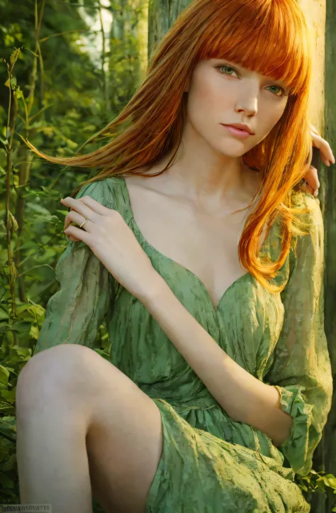 serene photo,1girl, woman with ginger hair, blunt bangs, green eyes, Absurdres, hdr, ultra detailed illustration, extremely deta...