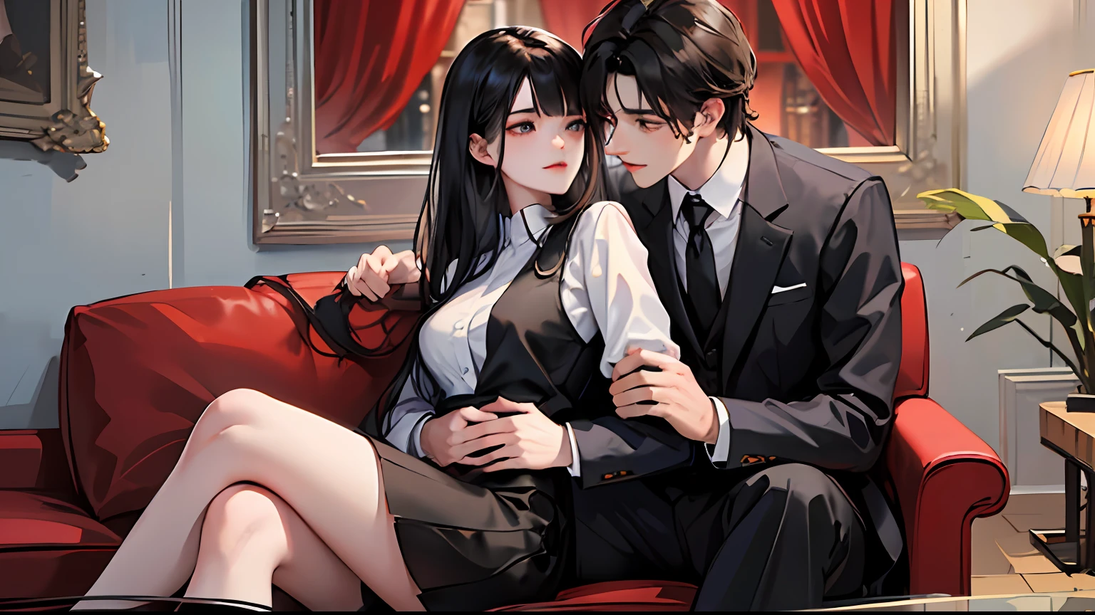 A woman with black long hair, no bangs, wear white shirt, black vest and black skirt sit on a man’s laps. A man with short black hair, forehead hair, double bangs, wear black suit wrapped around a woman’s waist, no looking at view, in sofa, full body, 4k, high quality, they’re looking at each other