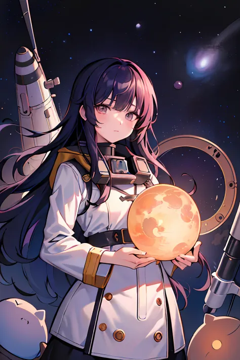 best quality, (masterpiece), Ultra-detailed, (novel illustration:1.2), (korean webtoon style:1.2), (bold line), (highres:1.2), dramatic light, 1girl, observatory, looking at space through long Telescope, space, planets, falling stars, light lines among pla...