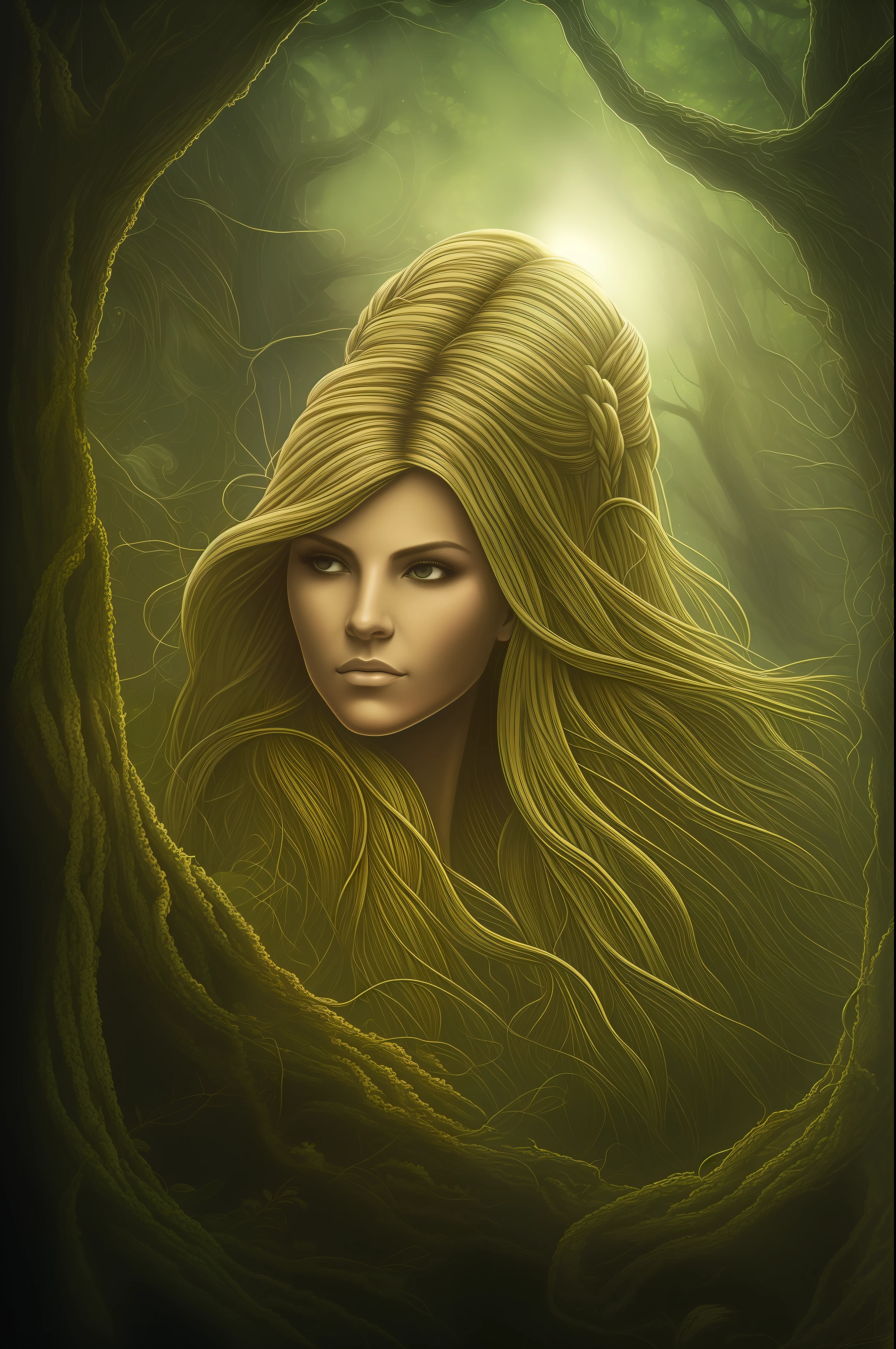 Verdejo: It has the ability to reforest and absorb carbon from the atmosphere. Front view, portrait, symmetry, artistic, sharp art, (styled by Dan Mumford: 1.1), HdR, realism, DarkFantasy, ambiance, lovecraft style, (JimJorCrafLogo art style: 1.3), blonde boy, braids, glasses, bright green eyes, centered, Sun rays, monolith, column, Temple, nature, trees, foliage. peace