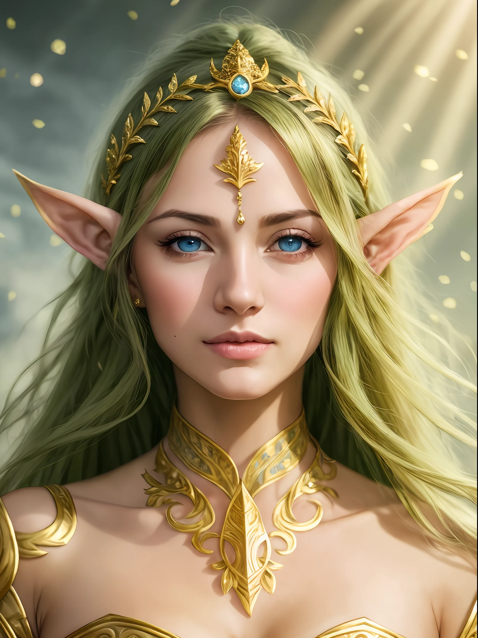 A woman with green hair and a gold dress and a crown - SeaArt AI